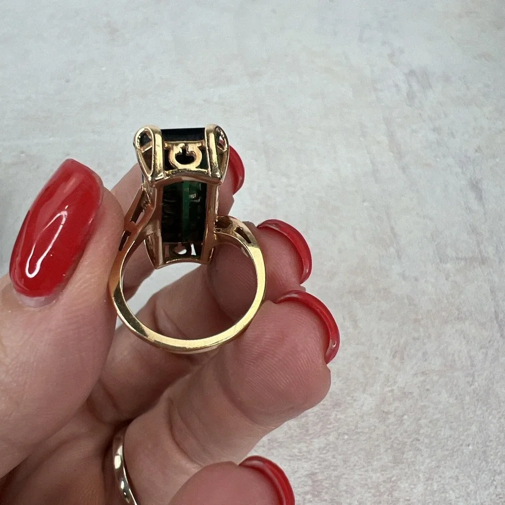 13.5ct Emerald Cut Green Tourmaline Ring 14K Yellow Gold Large‎ Estate Cocktail